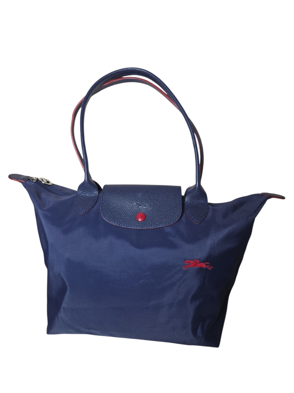 Longchamp Navy Le Pliage Tote with Red Trim